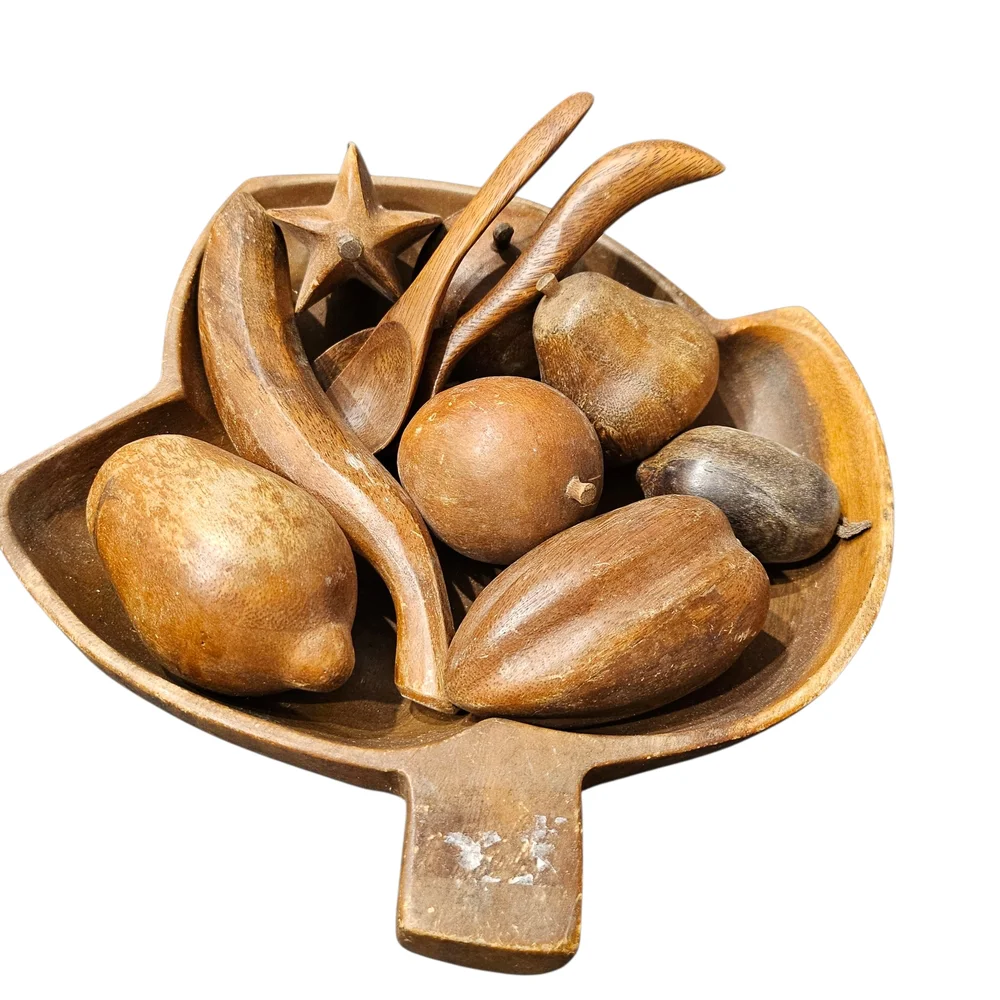 Wooden Leaf-Shaped Bowl with Decorative Fruits, Fruit Bowl